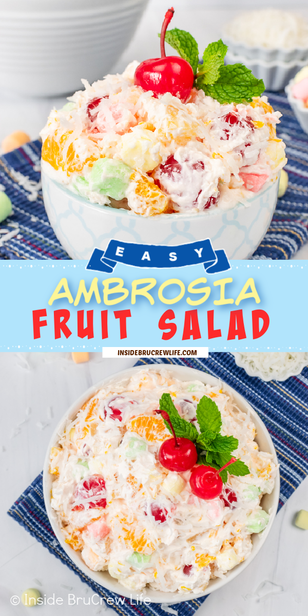 Two pictures of ambrosia fruit salad collaged together with a blue text box.