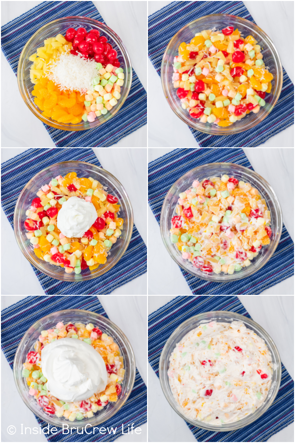 Six pictures of ambrosia salad collaged together showing the steps to mixing it up.