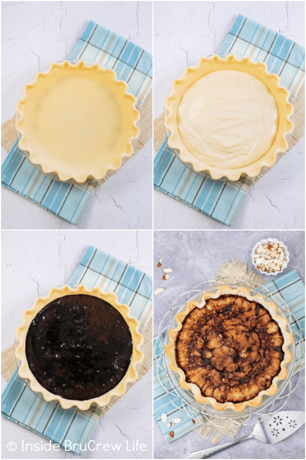 Four pictures collaged together showing how to put the layers of a chocolate funny cake together.