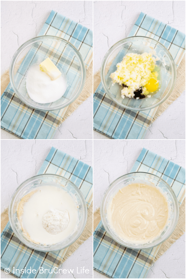 Four pictures collaged together showing the steps to making cake batter for a funny cake.