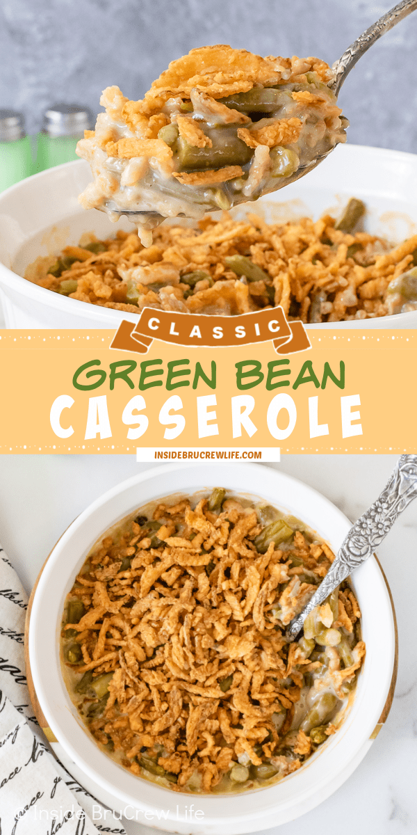 Two pictures of green bean casserole collaged together with a tan text box.