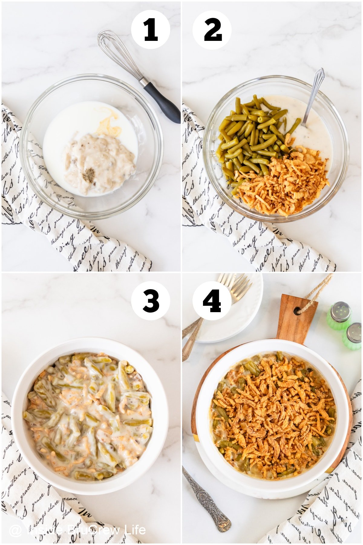 Four pictures collaged together showing how to assemble a green bean bake.