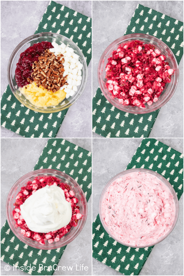 Four pictures collaged together showing the steps to making a cranberry fruit salad.