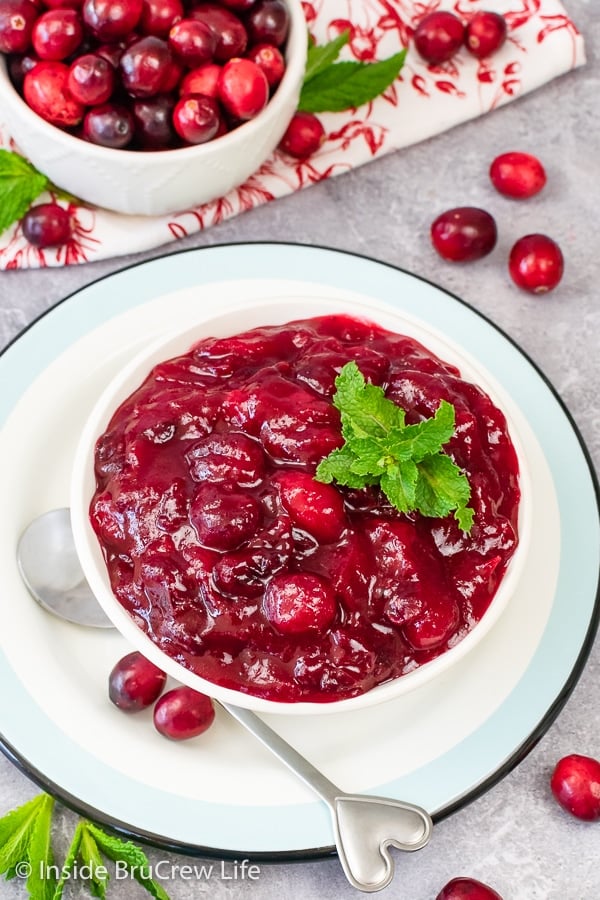 An overhead picture of a white bowl filled with homemade cranberry sauce and topped with fresh mint leaves.