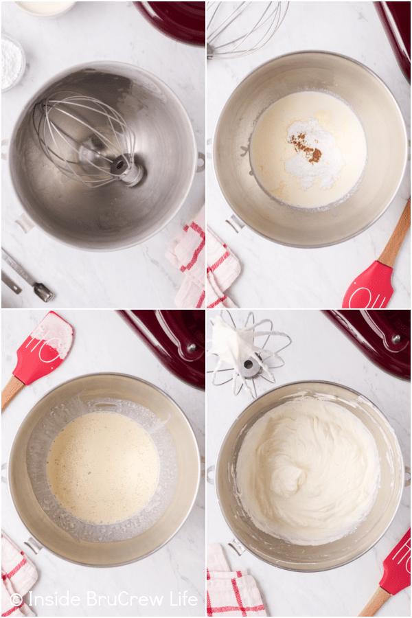 Four pictures collaged together showing how to turn heavy cream and eggnog into whipped cream.