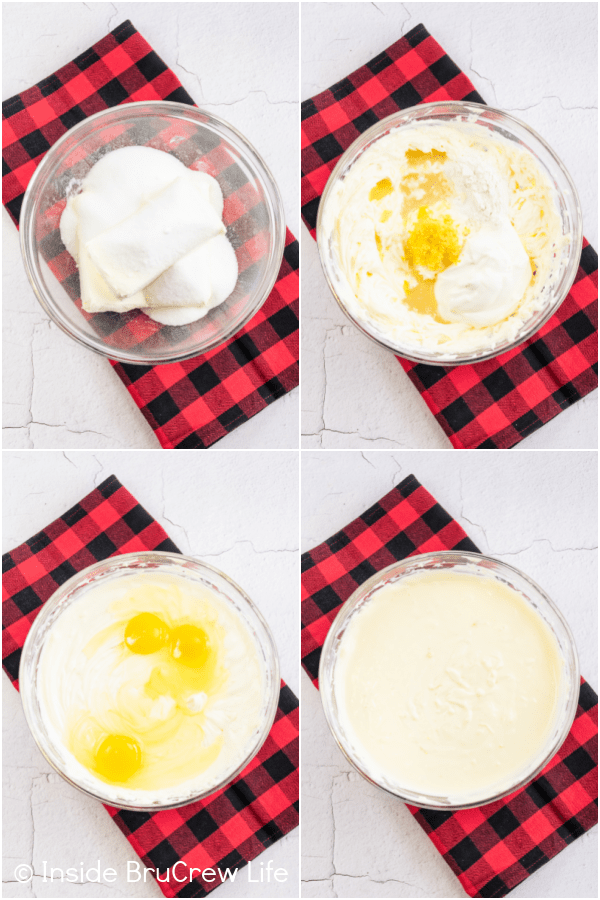 Four pictures collaged together showing the steps to making lemon cheesecake batter.