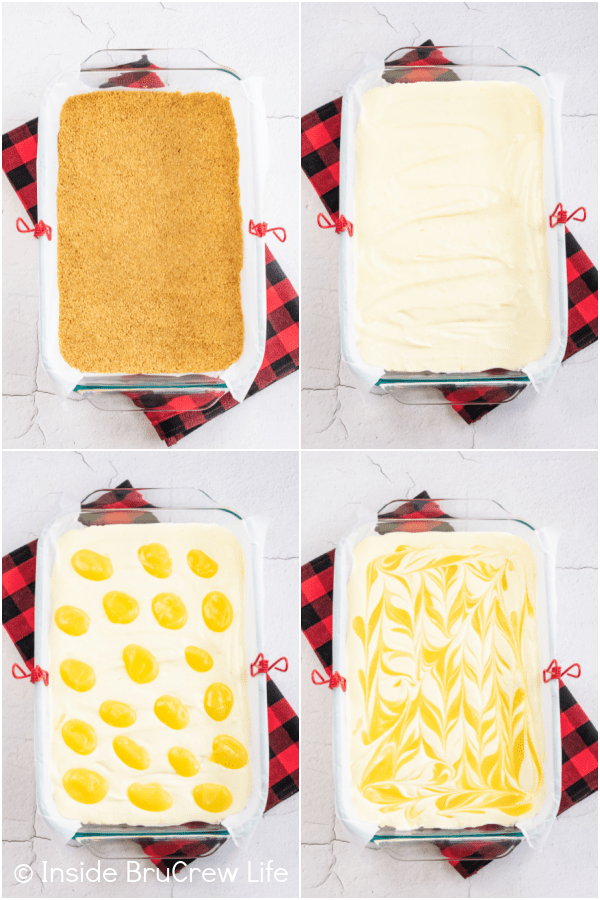 Four pictures collaged together showing the steps to swirling lemon curd into lemon cheesecake bars.