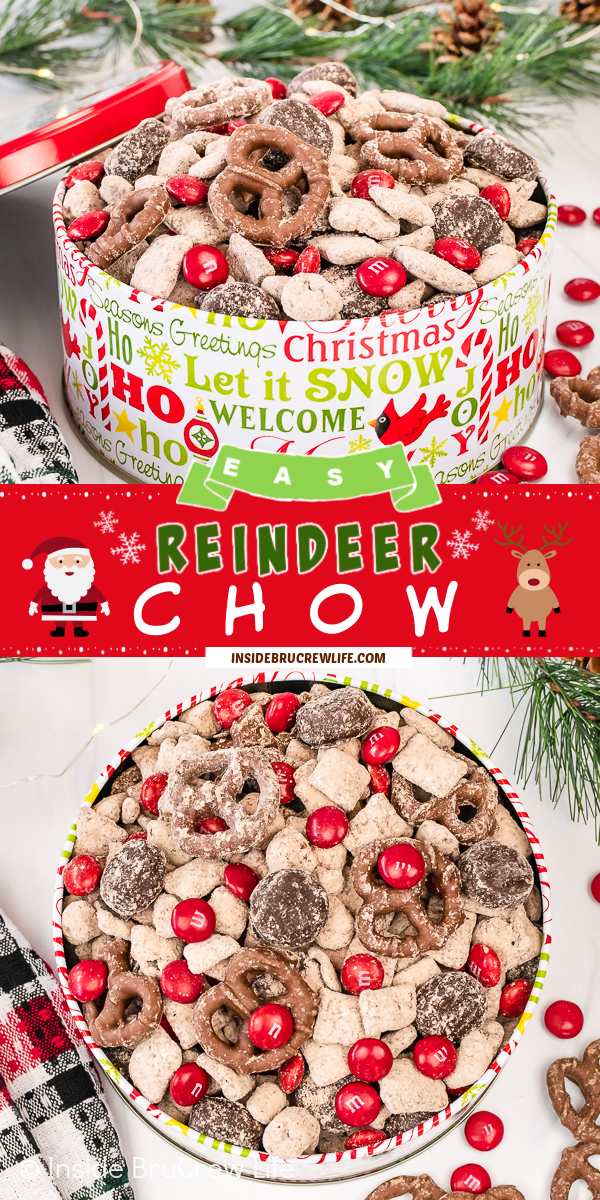 Two pictures of Reindeer Chow collaged together with a red text box.