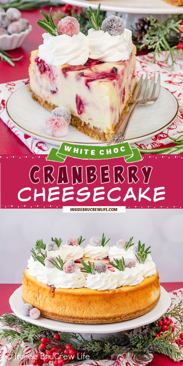 Two pictures of Cranberry Cheesecake collaged together with a burgundy text box.