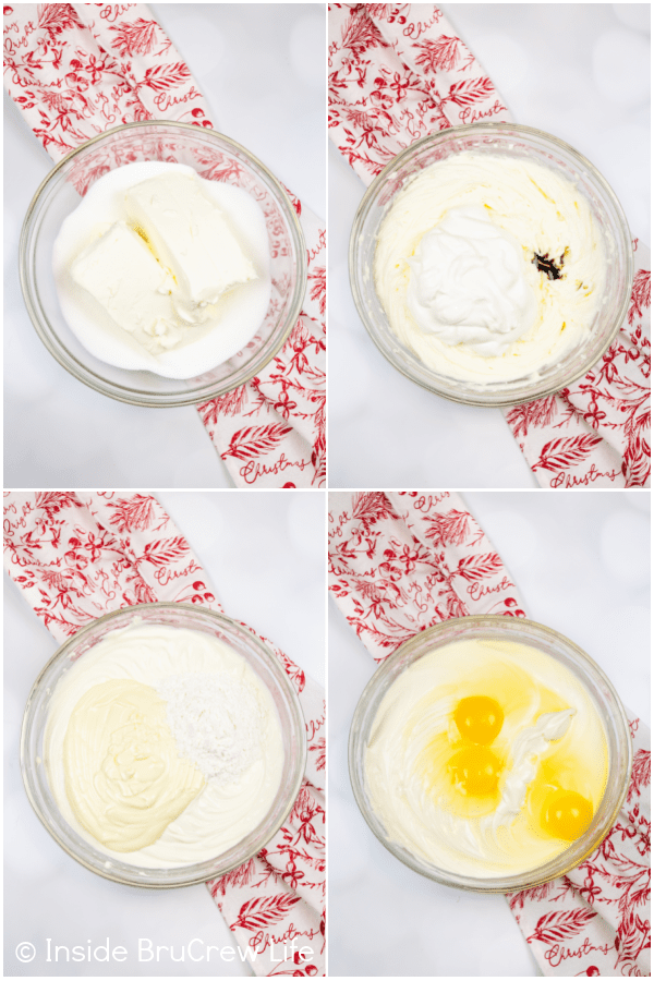 Four pictures collaged together showing how to make the batter for a white chocolate cheesecake.
