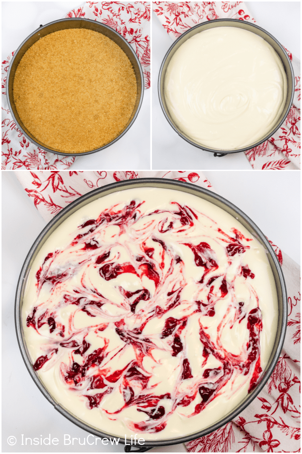 Three pictures collaged together showing how to make swirls in a cranberry cheesecake.