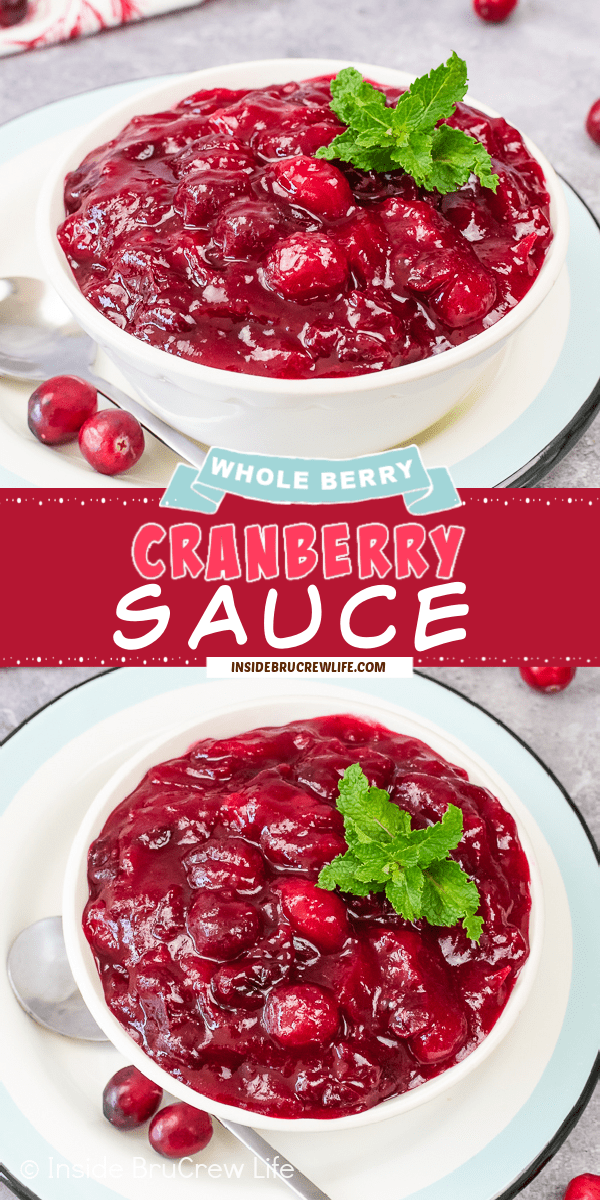 Two pictures of homemade cranberry sauce collaged together with a red text box.