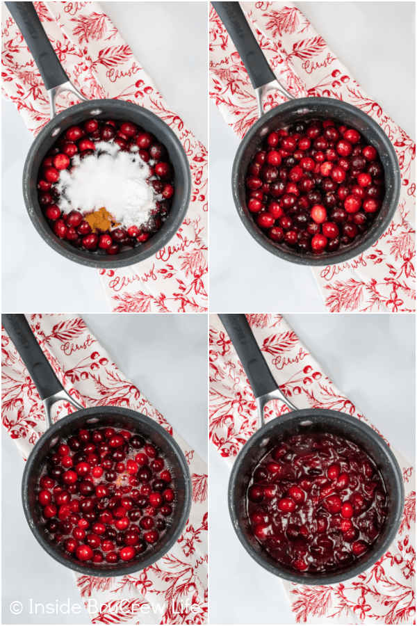 Four pictures collaged together showing the steps to cooking down a cranberry sauce.