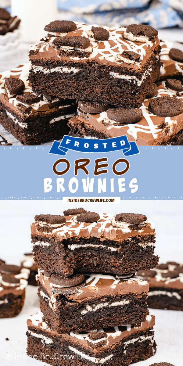 Two pictures of Frosted Oreo Brownies collaged together with a blue text box.