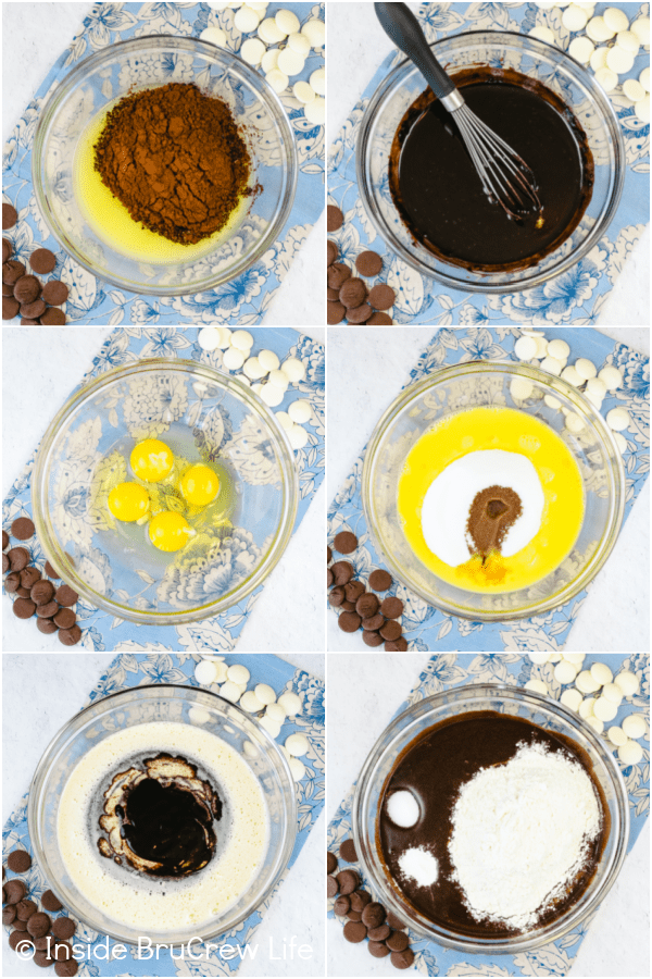 Six pictures collaged together showing how to make homemade brownie batter.