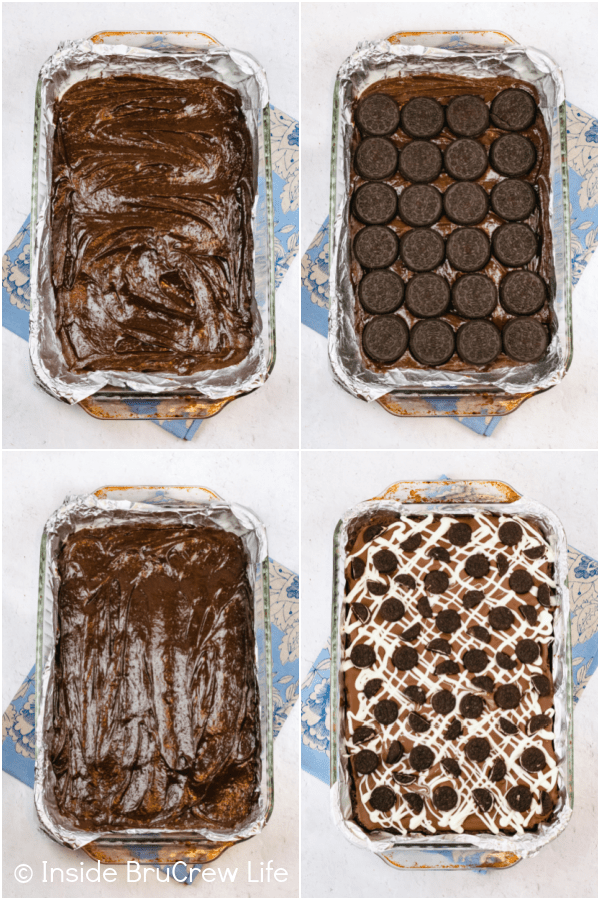 Four pictures collaged together showing how to layer the brownie batter and cookies to make Oreo cookie brownies.