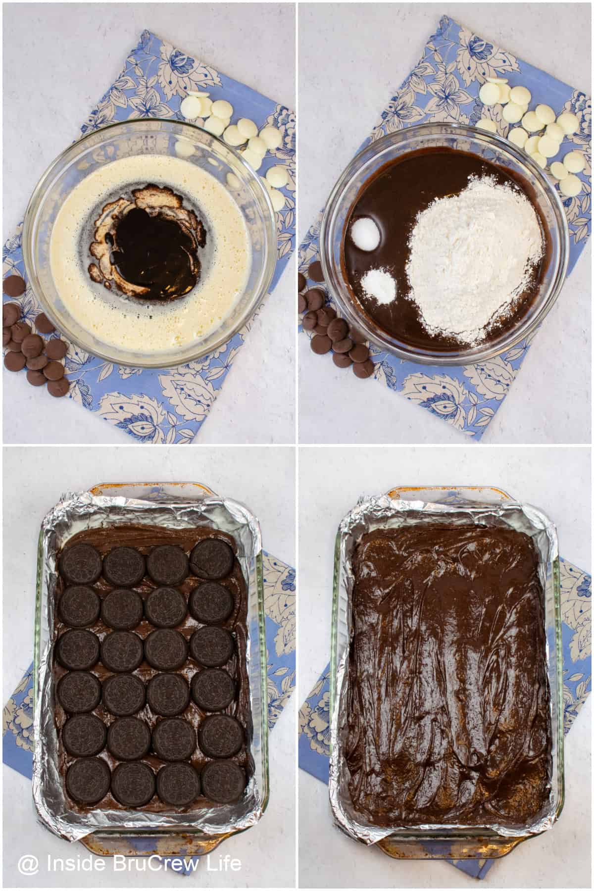 Step by step photos showing how to make brownies stuffed with Oreo cookies.