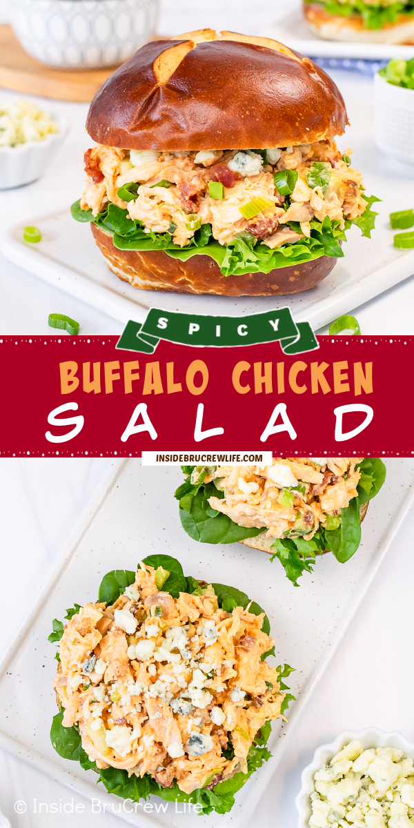Two pictures of buffalo chicken salad collaged together with a red text box.