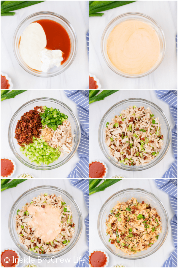 Six pictures collaged together showing how to make chicken salad with bacon and hot sauce.