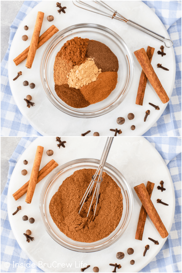 Two pictures collaged together showing how to mix together a spice blend.