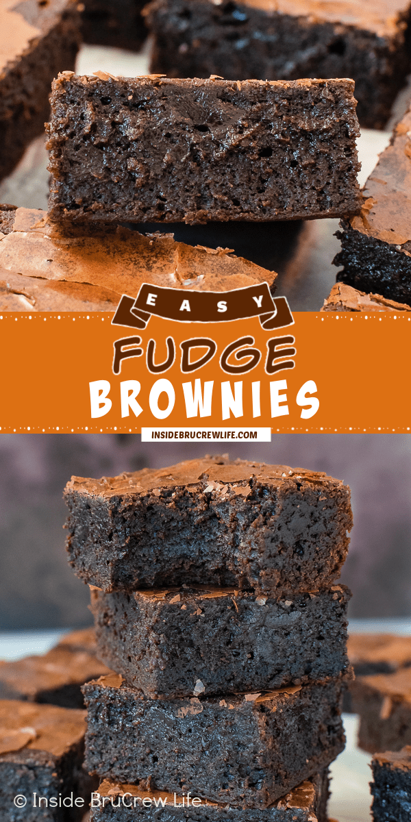 Two pictures of Fudge Brownies collaged together with an orange text box.