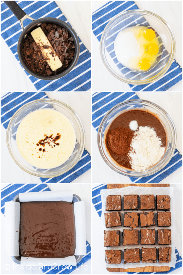 Six pictures collaged together showing the steps to make chocolate brownies.