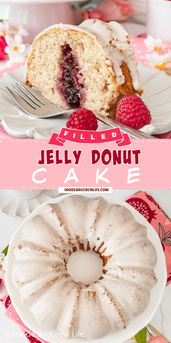 Two pictures of a Jelly Donut Cake collaged together with a pink text box.