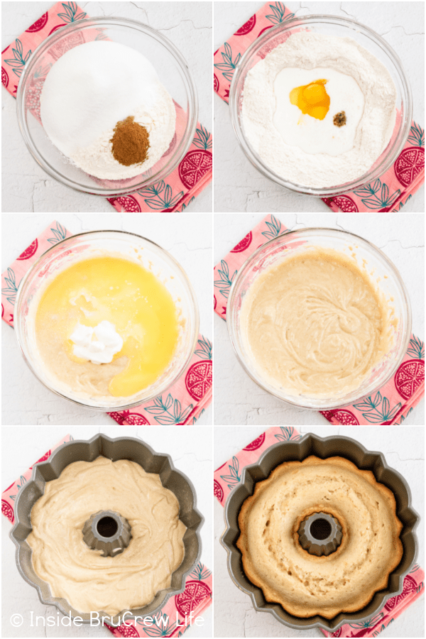 Six pictures collaged together showing how to make batter for a jelly bundt cake.