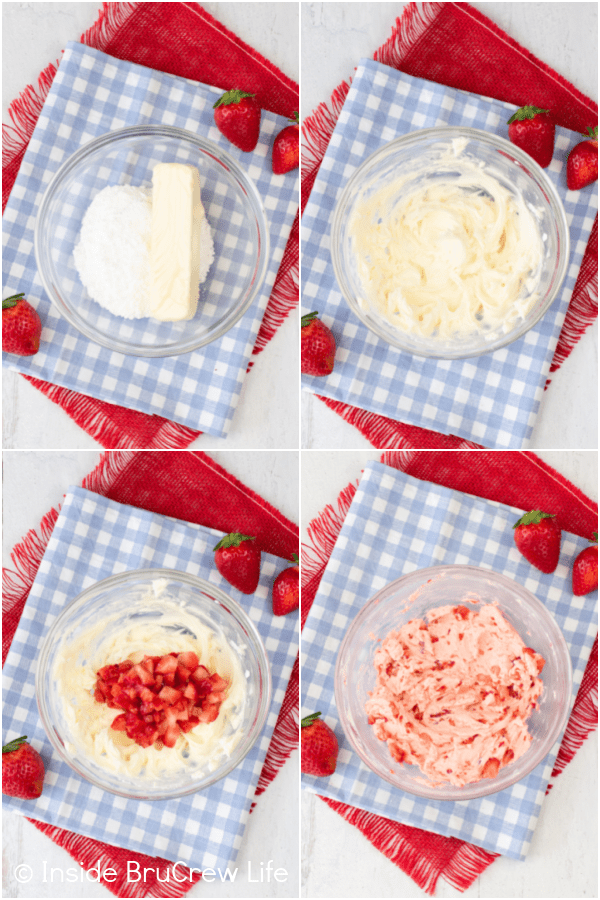 Four pictures collaged together showing how to make a strawberry flavored butter.
