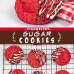 Two pictures of strawberry sugar cookie collaged together with a brown text box.