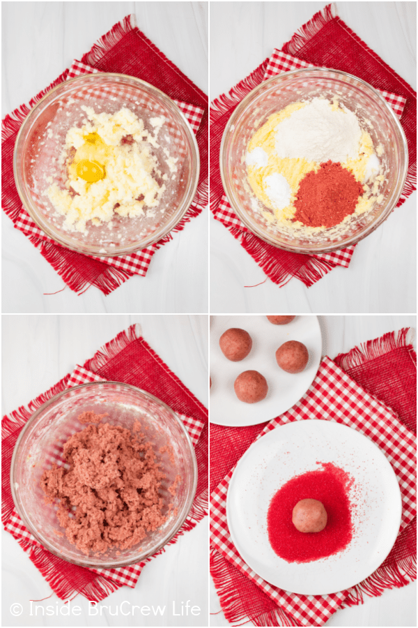 Four pictures collaged together showing how to make sugar cookie dough.