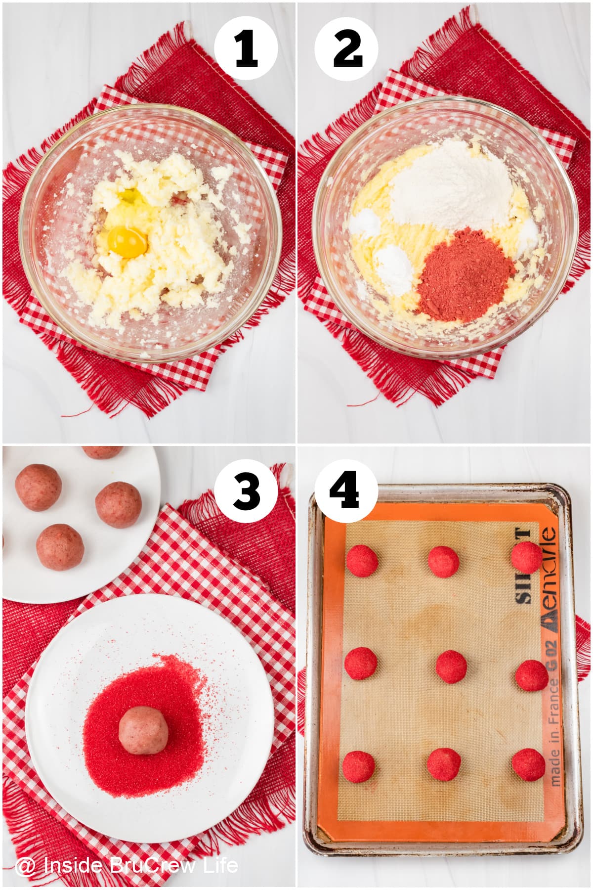 Four pictures collaged together showing how to make pink cookie dough.