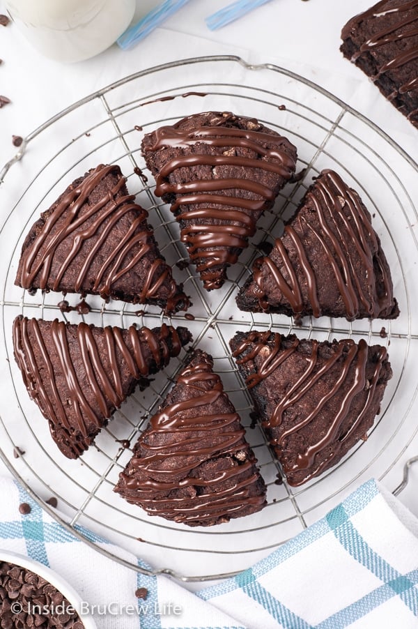 Chocolate scones in a circle on a wire rack.