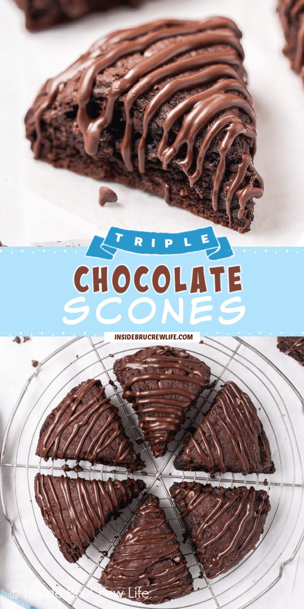 Two pictures of chocolate scones collaged together with a blue text box.