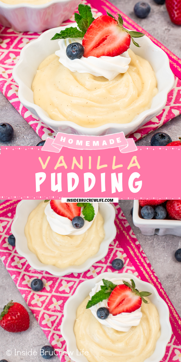 Two pictures of homemade vanilla pudding collaged together with a pink text box.
