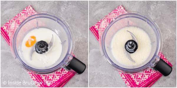 Two pictures collaged together showing a blender with pudding ingredients in it.