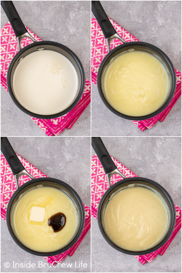 Four pictures collaged together showing how to make homemade pudding.