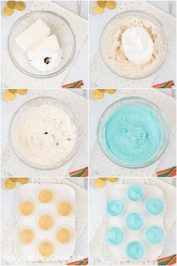 Six pictures collaged together showing the steps to making blue no bake vanilla cheesecake filling.