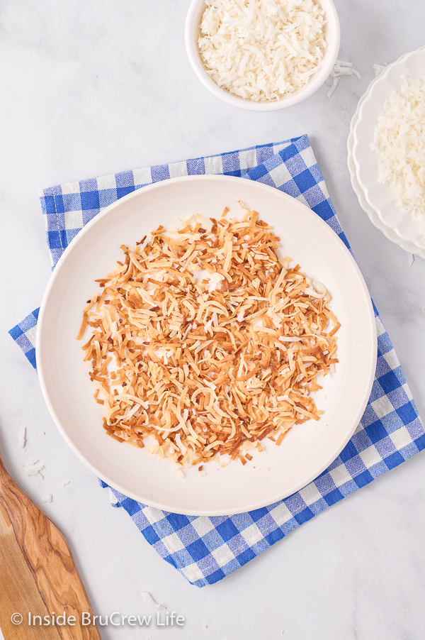 A white plate with toasted coconut on it.