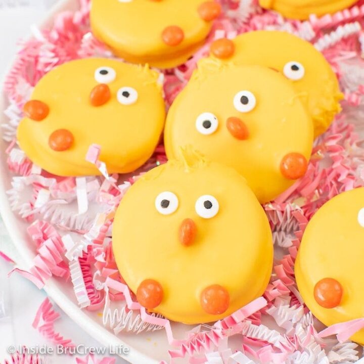 Oreo chicks lying on a white plate.