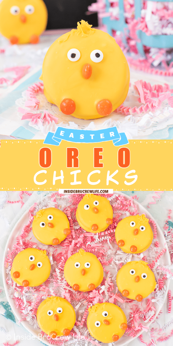 Two pictures of Easter Oreos collaged together with a yellow text box.
