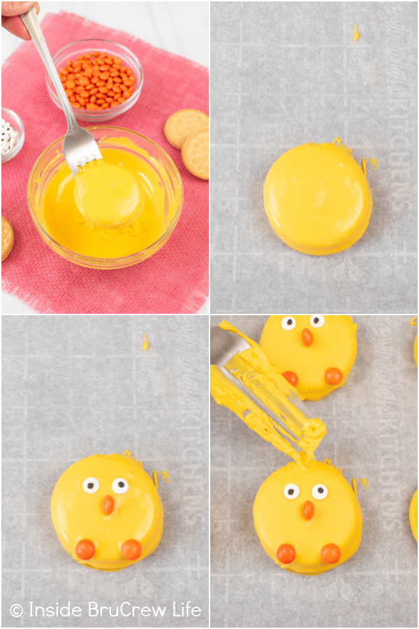 Four pictures collaged together showing how to make Oreo chicks.