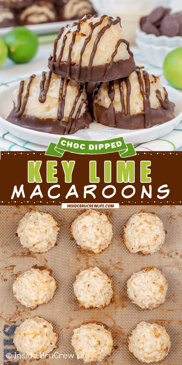 Two pictures of key lime macaroons collaged together with a brown text box.