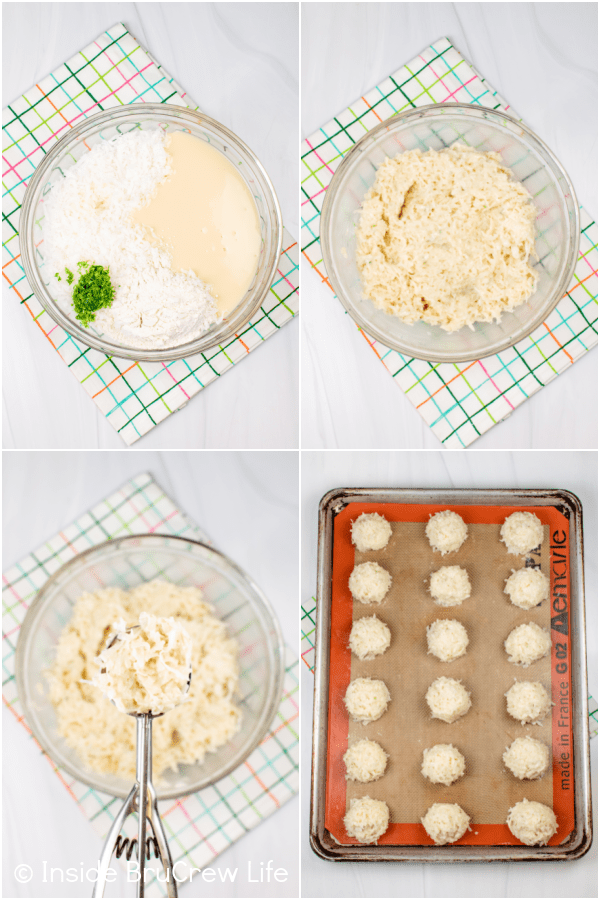 Four pictures collaged together showing the steps for macaroons.