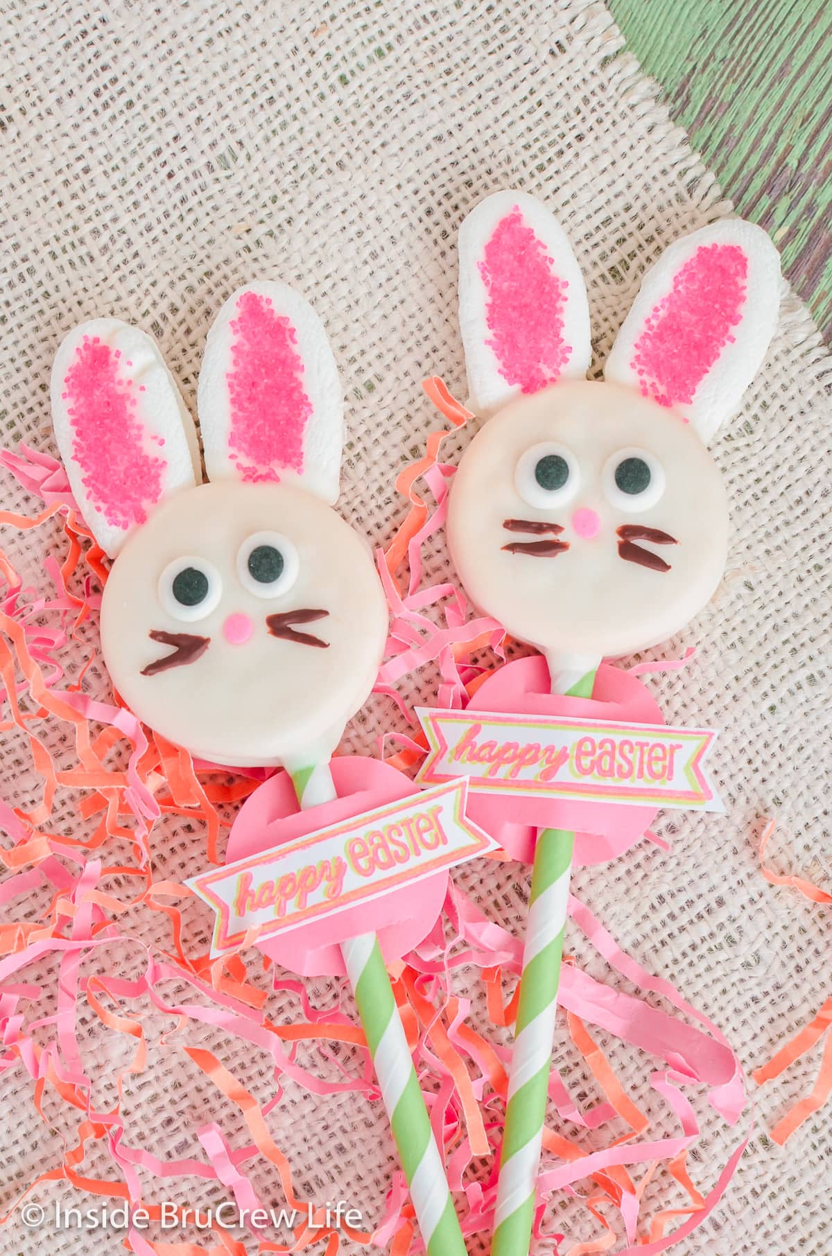 Two bunny cookies on paper straws.