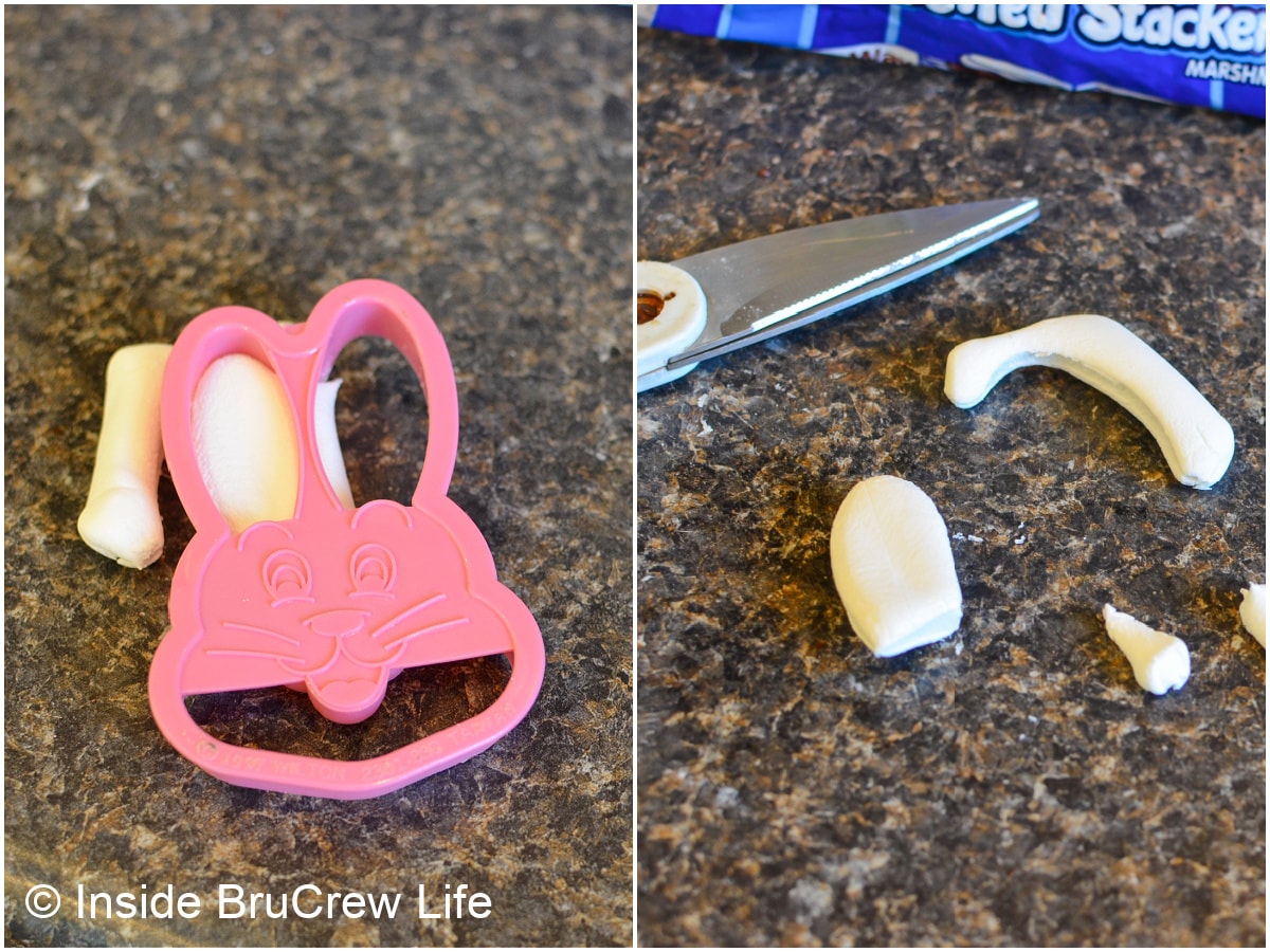 Two pictures collaged together showing how to cut out bunny ears from marshmallows.