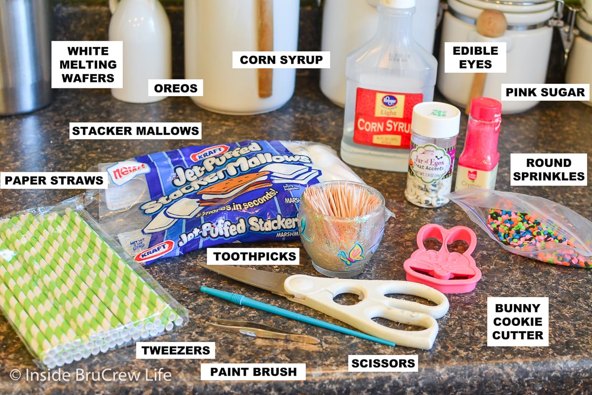 Ingredients needed to make Oreo bunnies with marshmallow ears.