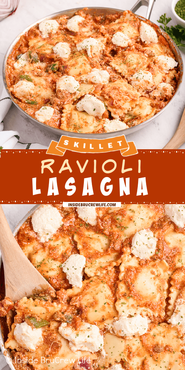 Two pictures of ravioli lasagna in a skillet collaged together with a red text box.