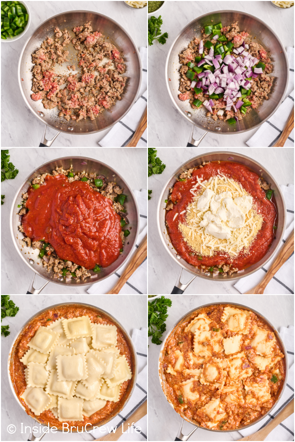 Six pictures collaged together showing the steps to making a skillet meal.