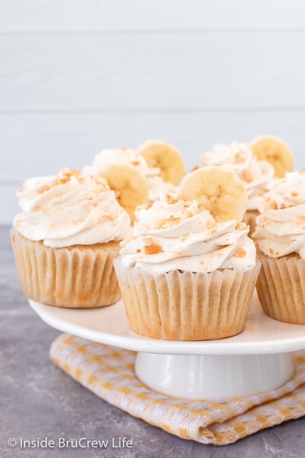 A white cake plate with frosted cupcakes on it.